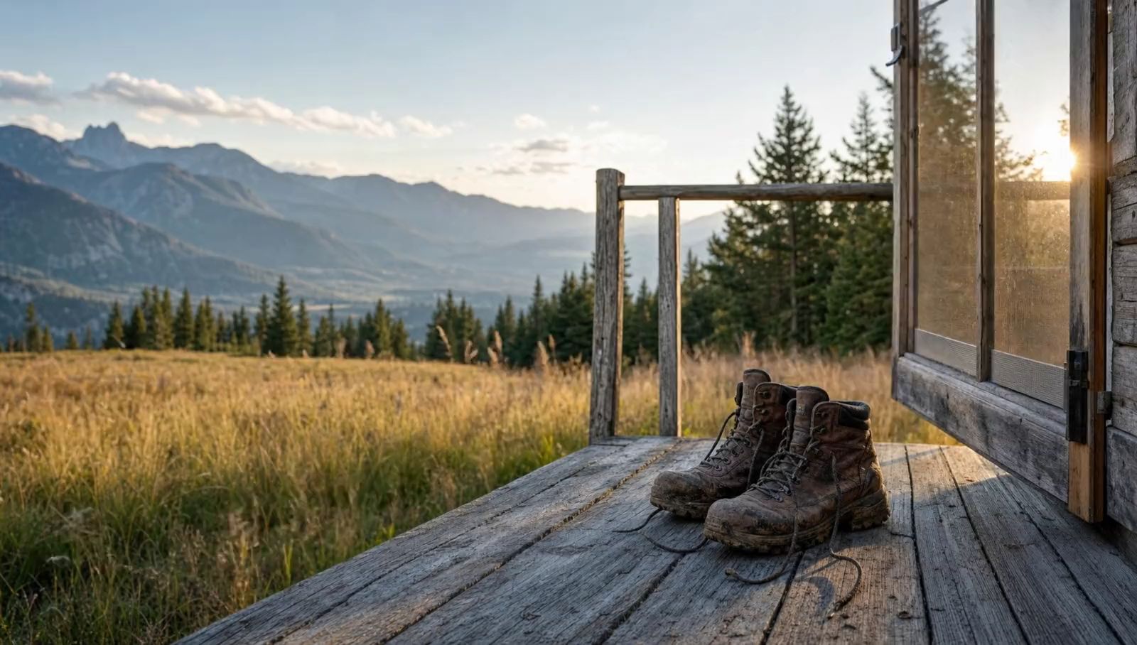 Muddy hiking boots drying on a cabin porch above a mountain meadow