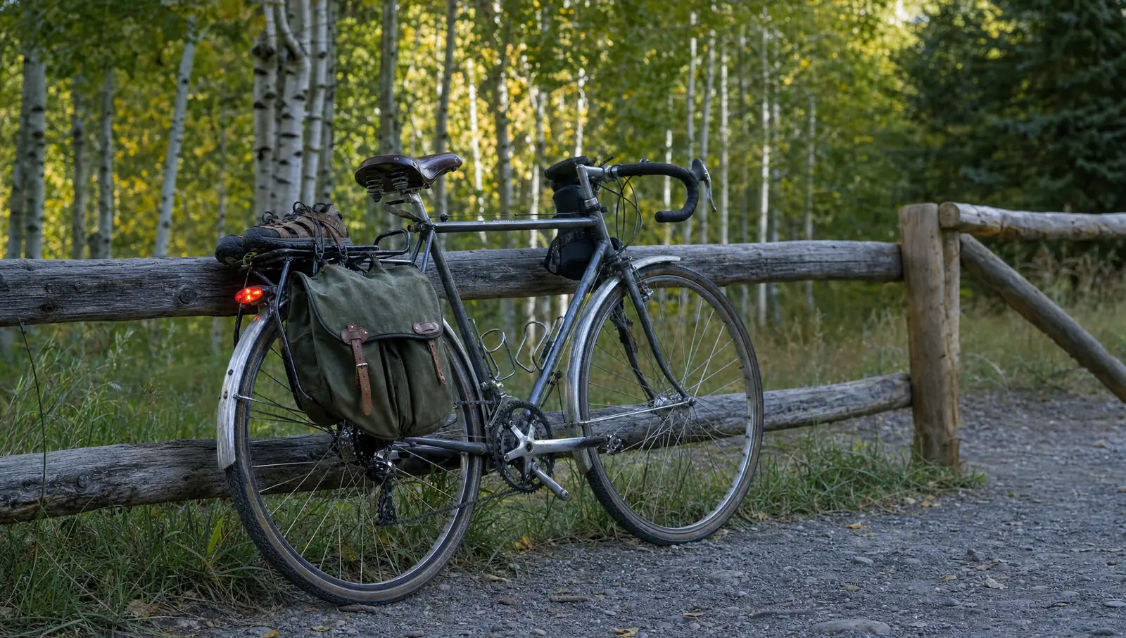 A steel touring bicycle with a canvas pannier and hiking shoes on the rack, leaning on a split-rail fence at a gravel trailhead