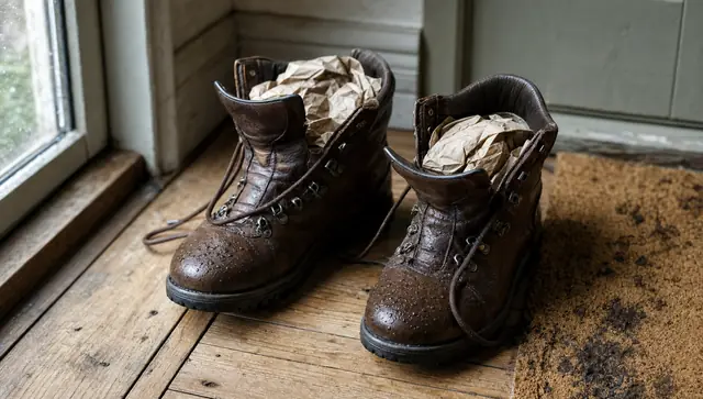 Two wet leather hiking boots stuffed with brown paper on a wooden floor beside a muddy doormat